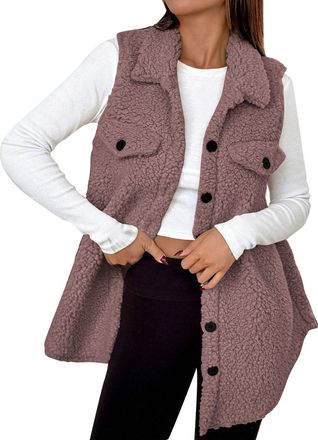 Generic Teddy Fleece Gilet for Women Long Fuzzy Soft Vest, Longline Bodywarmers Sleeveless Lapel Button Down Waistcoat, Sherpa Fluffy Tops, Ladies Solid Color