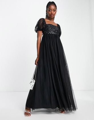 Maya Vestito lungo stile babydoll nero con maniche a sbuffo e paillettes