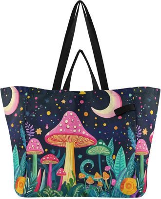 Generic Pink Mushroom Moon Stars print Reusable Canvas Tote Bag, Heavy Duty Grocery Shopping Bag with Hard Bottom Large Capacity Double Handles Work Groceries