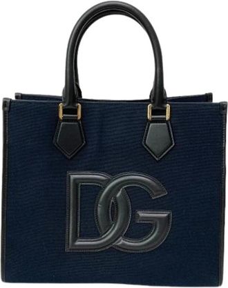 Dolce & Gabbana Pre-owned Leren Paspel Canvas Tote Bag - Dames - Vintage Shopper - Blauw - ONE Size - Leer - Vintage
