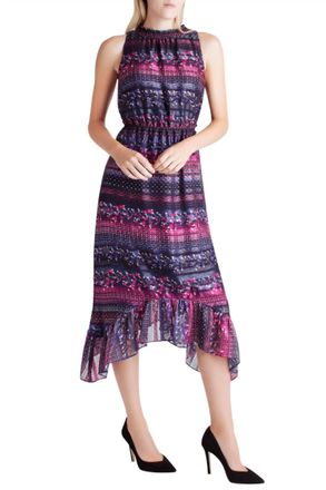 Kensie Satin Stripe Ruffle Hem Sleeveless Midi Dress In Navy