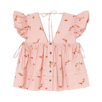 Ganni Blusa de Algod&oacute;n El&aacute;stico Estampado con Mangas Angelicales - Blouses & Shirts - Mujer - Rosa - S