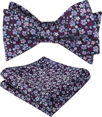 Alizeal Mens Floral Patterned Colorful Classic Self Tied Bow Tie and Pocket Square Set, Navy+Purple