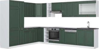 Vicco Cocina Esquinera Fame-line, Verde-dorado Casa De Campo/blanco, 347 X 257 Cm, Et Antracita