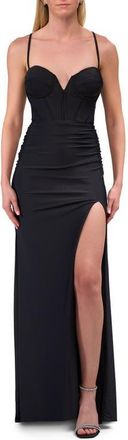 La Femme Corset Jersey Dress with Deep V-Neckline in Black at Nordstrom, Size 10