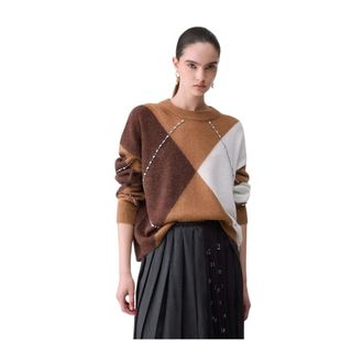 Liu Jo Trui met ronde hals en ruitpatroon met juweelborduursels - Dames - Truien - Bruin - Maat: XS Wol