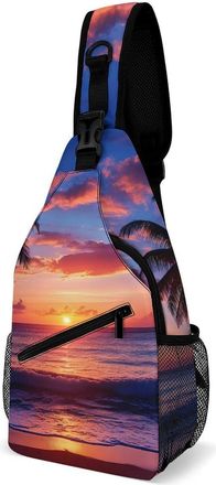 Generic Sunset with Palm Trees Beach Unisex Shoulder Bags Casual Crossbody Chest Bag Sling Backpack for Hiking Cycling Travel
