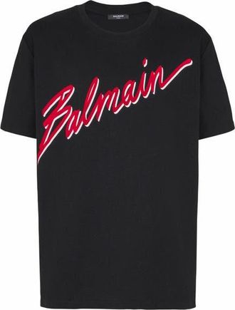 Balmain T-Shirt With Flocked Balmain Letter Logo in Red at Nordstrom, Size Medium