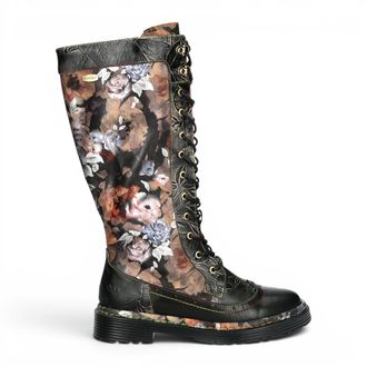 Laura Vita Laura Vita Dames bordeauxrode gotische Victoriaanse Bloemen Zwarte Leren Kniehoge Veterlaarzen - Incaso-50