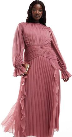 Asos Curve ASOS DESIGN Curve - Vestito lungo rosa crepuscolare accollato e arricciato in vita