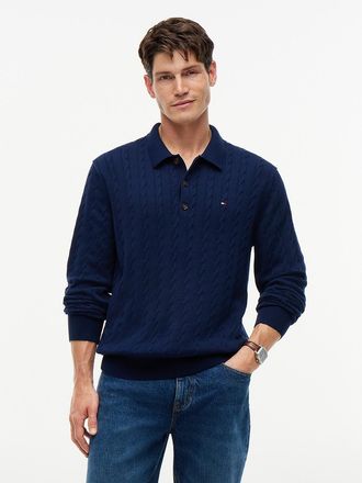 Tommy Hilfiger Mens Long-Sleeve Cable Knit Sweater Polo - Carbon Navy - XXL
