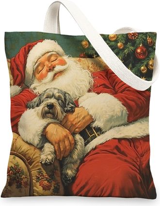 Generic Christmas Schnauzer Dog Canvas Tote Bag for Shopping 13x15, Xmas Santa Puppy Reusable Grocery Print Pattern Bag for Women Men, Pet New Year Aesthetic 