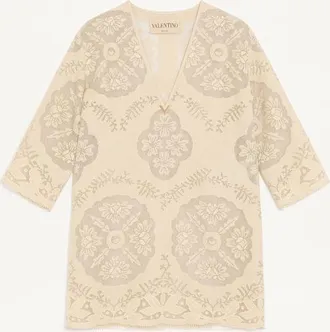 Valentino Abito Corto In Floral Stamp Blanket Donna ECRU/SILVER 36