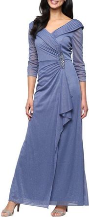 Alex Evenings Glitter Portrait Collar Gown in Dusty Blue at Nordstrom, Size 10P