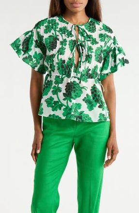 Diane Von F&uuml;rstenberg Helen Short Sleeve Cotton & Silk Top in Berries Big India Green at Nordstrom Rack, Size Xx-Small