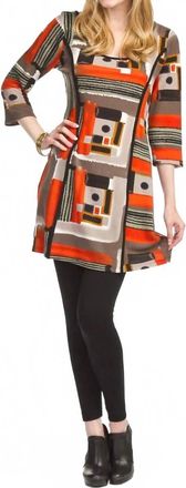 Papillon Geometric Block Print 3/4 Sleeve Panel Dress In Grey