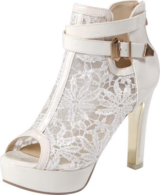Generic Elegant Womens Peep Toe Platform Boots, Lace Overlay with Gold Buckle Straps, Available in Black and White (white, 2, Adult, Women, 10.5, Numeric, UK 