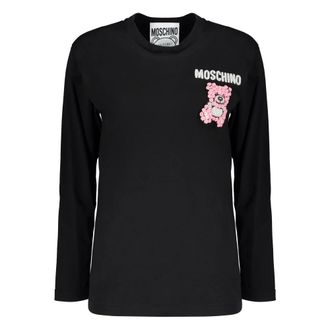 Moschino Long Sleeve Tops, female, Black, Size: 2XS Cotton T-shirt with Front Logo Detail