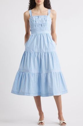 Eliza J Square Neck Basketweave Bodice Midi Dress in Blue White at Nordstrom, Size 16