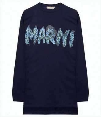 Marni Textured Graphic Logo Long-Sleeve Top In Deep Navy