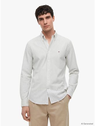 Tommy Hilfiger Mens Regular Fit Striped TH Performance Shirt - Earth Sage - XXXL