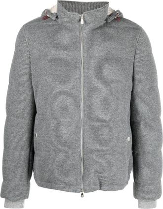 Brunello Cucinelli ribbed padded hooded cashmere jacket - men - Cotton/Nylon/Feather Down/Cashmere - 54 - Grey