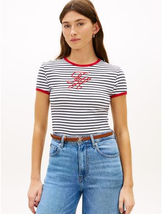 Tommy Hilfiger Womens Script Monogram Striped Ringer T-Shirt - White - XXL