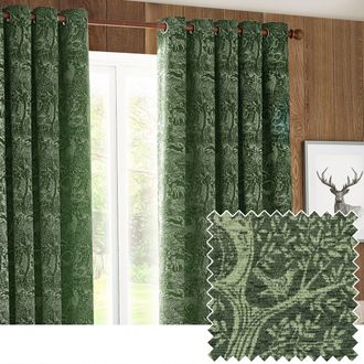 furn. Winter Woods Animal Chenille Eyelet Curtain Pair in Emerald | Size: 229 cm width x 183 cm drop