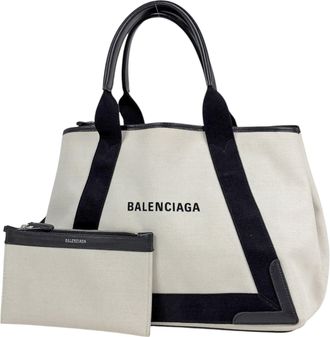 Balenciaga Black Navy Canvas Leather Tote Bag (Pre-Owned)