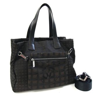 Chanel Brown Nylon Canvas Leather Shoulder Bag Tote Bag (Pre-Owned)