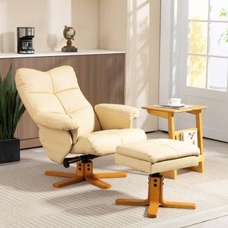 HOMCOM Recliner Chair & Footstool PU Leather Wooden Base, Beige