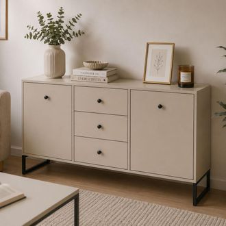 Dmora Credenza Lerelova, Aparador 3 Cajones, 2 Estantes, Puerta Abatible Y Corrediza, 115x33x82h Cm Beige Cashmere