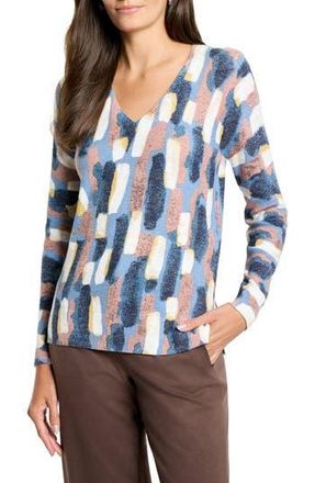 Nic+Zoe Brushstrokes Waffle Stitch V-Neck Sweater in Neutral Multi at Nordstrom Rack, Size Small
