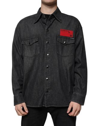 Dolce & Gabbana Mens Black Logo Cotton Button Down Denim Shirt