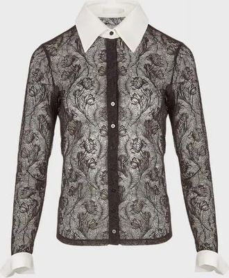 Anne Fontaine Yvonna Long Sleeve Embroidered Lace Shirt in Black at Nordstrom, Size 46