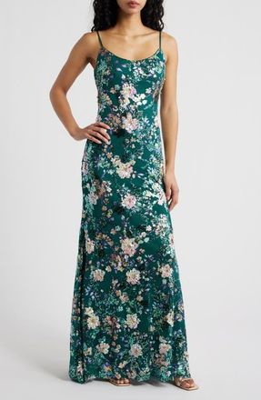 Emerald Sundae Floral Sequin Gown in Green /Multi at Nordstrom, Size Large