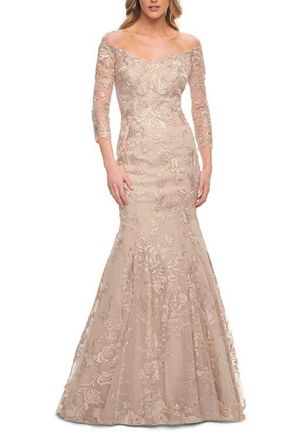 La Femme Long Lace Mermaid Gown with Off the Shoulder Top in Champagne at Nordstrom, Size 14