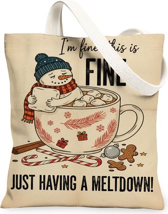 Generic Winter Snow Man Canvas Tote Bags, Cozy Hot Chocolate Pattern Reusable Grocery Bags, Holiday Lightweight Washable Shoulder S, Beige, 13x15 Inch