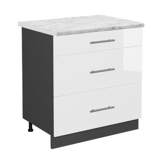 Vicco Mueble Bajo De Cocina Fame-line, Blanco Alto Brillo, 80 Cm Con 3 Cajones, Et M&aacute;rmol Vicco