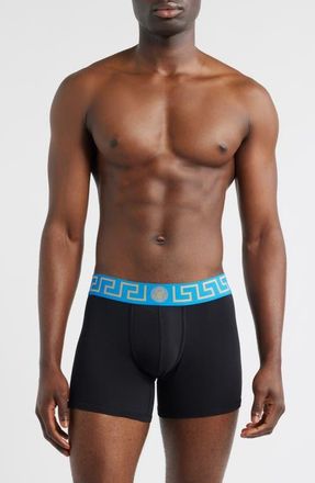 Versace Greek Key Jersey Boxer Briefs in Black/Royal Blue/Gold at Nordstrom, Size 3