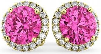 Allurez Halo Round Pink Tourmaline & Diamond Earrings 14k Yellow Gold (4.57ct)