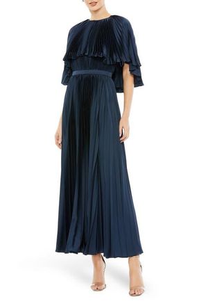 Mac Duggal Pleated Capelet Tea-Length Dress in Midnight at Nordstrom, Size 10