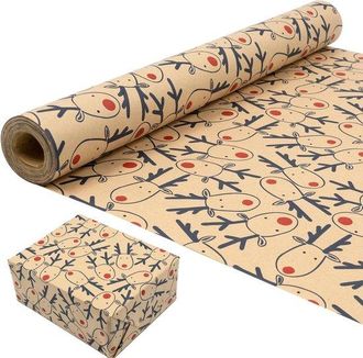 No Brand Rollo De Papel De Regalo Navide&ntilde;o: Dise&ntilde;o Festivo De Alce Azul, Papel Kraft Reciclable, 43 Cm X 15 M