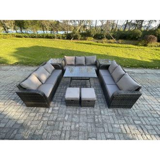 Fimous Fimous Rattan Garden Furniture Set 11 Seater Patio Outdoor Lounge Sofa Set with 2 Side Tables Rectangular Dining Table 2 Small Footstools Dark Grey