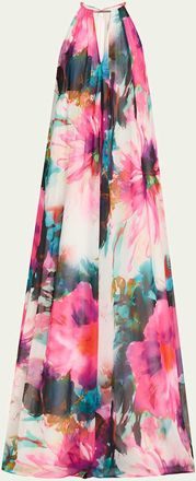Badgley Mischka Cutout Floral-Print Trapeze Gown