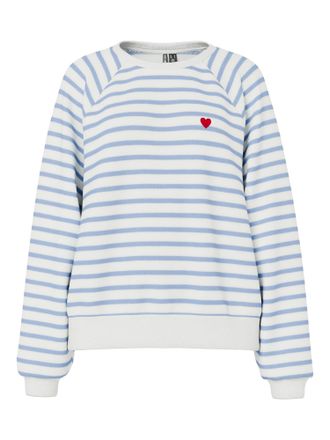Pieces Sweatshirt PIECES PCGRETA LS EMB UB SWEAT FC, Damen, Gr. XXL, cloud dancer stripes:hydrangea, heart emb, Sweatware, Obermaterial: 78% Baumwolle, 22% P