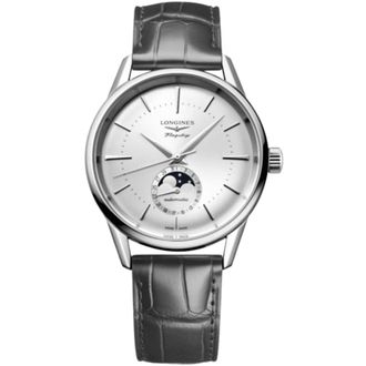 Longines Flagship Heritage Moonphase Automatic Silver Dial Grey Leather Strap Mens Watch L4.815.4.72.2