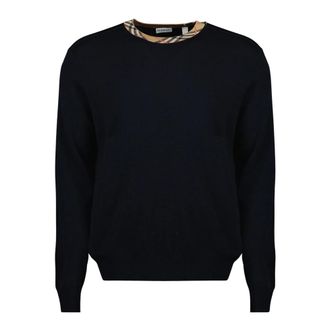 Burberry Truien & Vesten, Heren, Blauw, M, Katoen, Check Trim Wool Sweater
