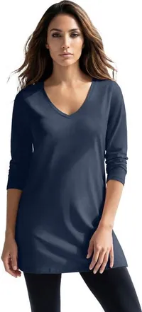 Roaman's Plus Size Cotton Ultimate Long Sleeve V Neck Tunic in Navy at Nordstrom, Size Medium