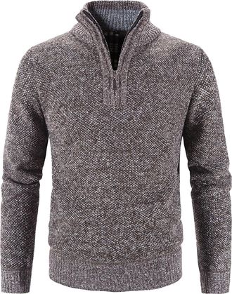 Generic Mens Quarter Zip Jumper, Thick Stand Up Collar Long Sleeve Knitwear, Knitted Pullover Sweater, Cable Knit Jumper Tops Autumn Winter Warm Solid Color S